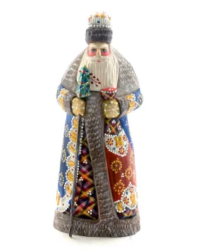 10 inch Imperial Blue Russian Santa Claus Carving with Staff and Toy Bag