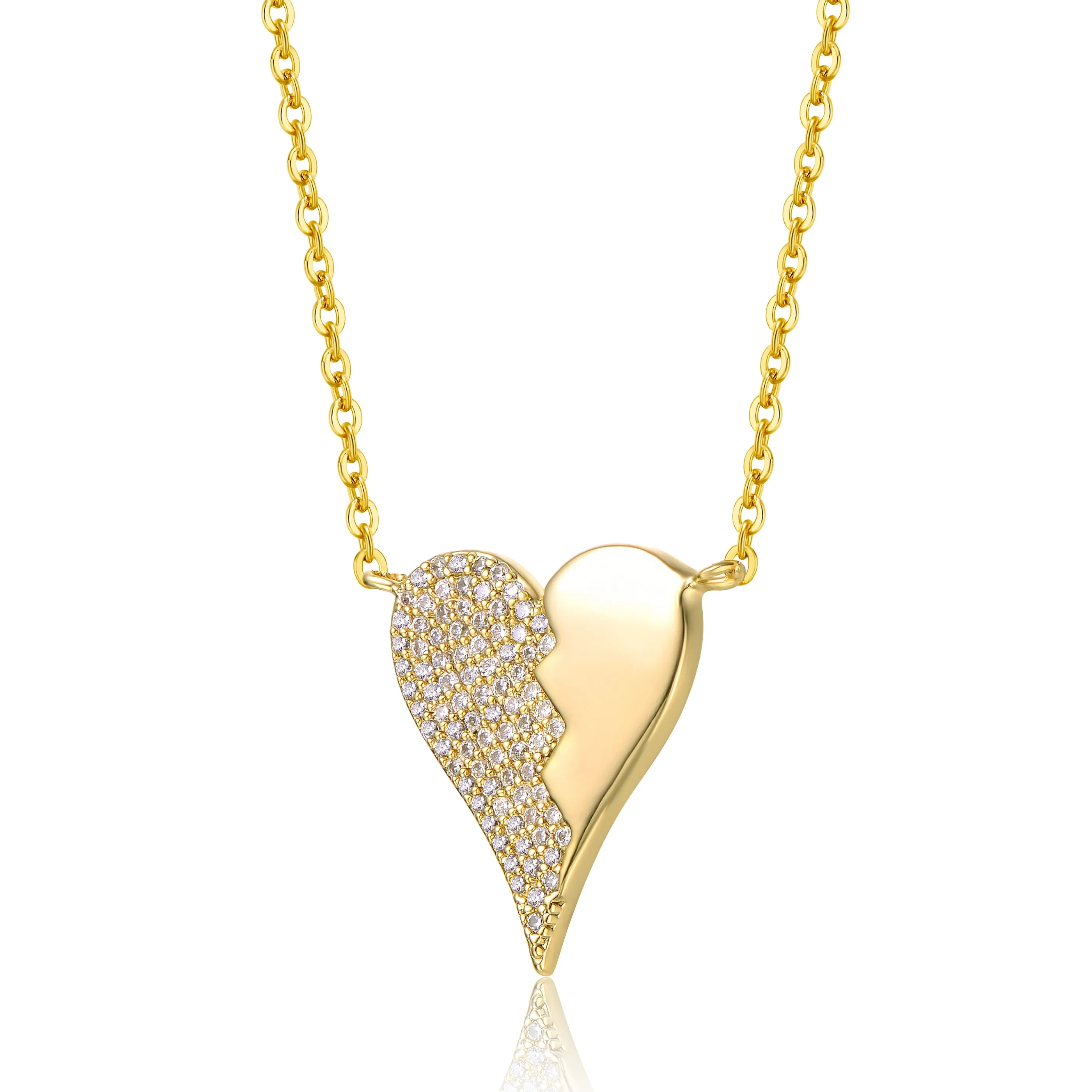 14k Yellow Gold Plated with Cubic Zirconia Broken Cracked Zig-Zag Half & Half Stolen Heart Pendant Necklace