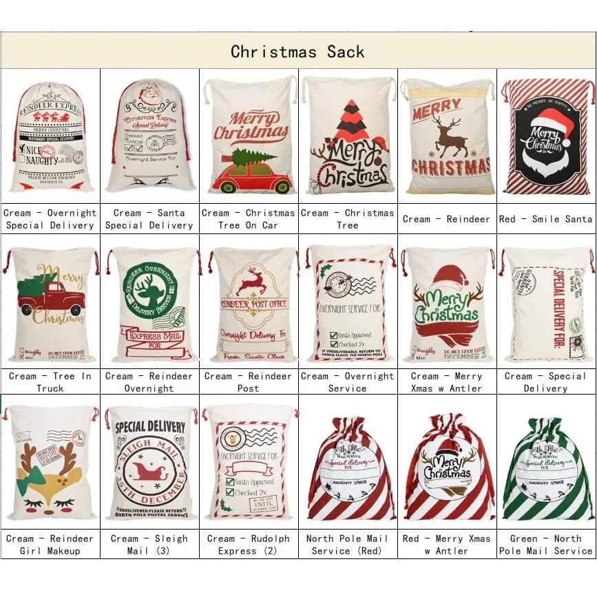 50x70cm Canvas Hessian Christmas Santa Sack Xmas Stocking Reindeer Kids Gift Bag, Cream - Santa Coming To Town