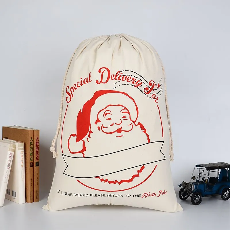 50x70cm Canvas Hessian Christmas Santa Sack Xmas Stocking Reindeer Kids Gift Bag, Cream - Special Delivery For