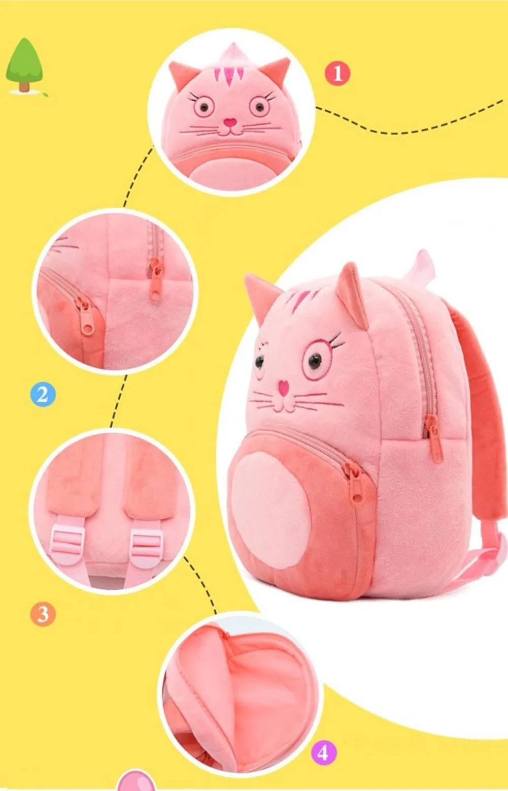 Anykidz 3D Pink Cat Kids School Backpack Cute Cartoon Animal Style Children Toddler Plush Bag Perfect Accessories For Boys and Girls