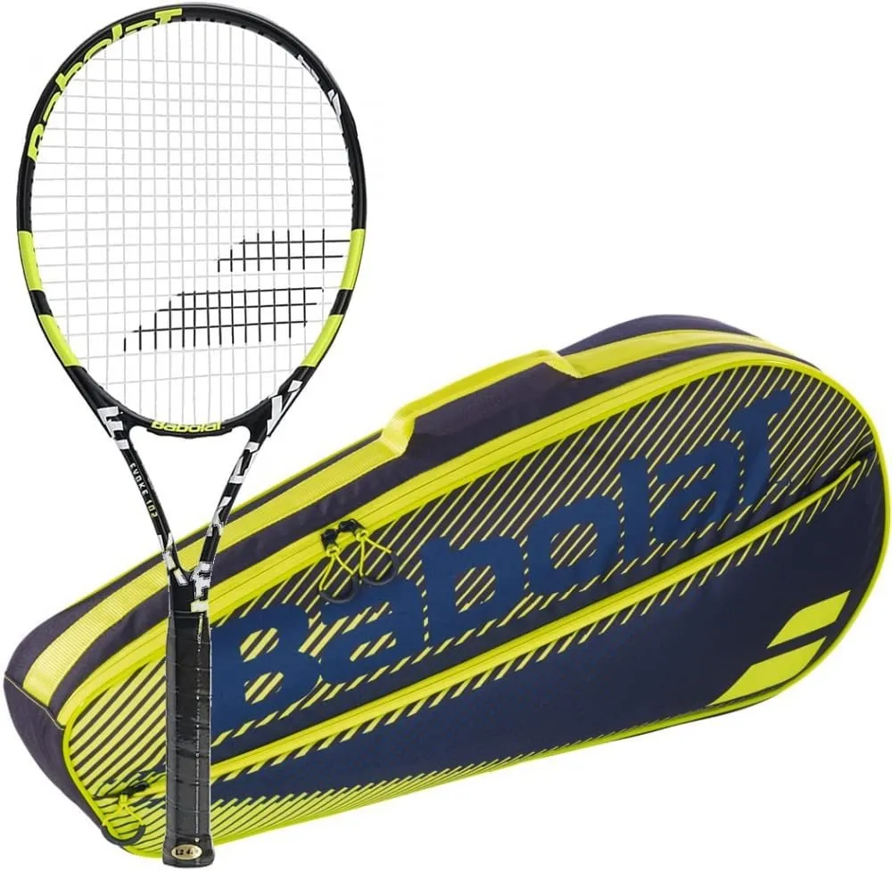 Babolat Evoke 102 Strung Tennis Racquet (Black/Yellow) Bundled with an RH3 Essential Tennis Bag