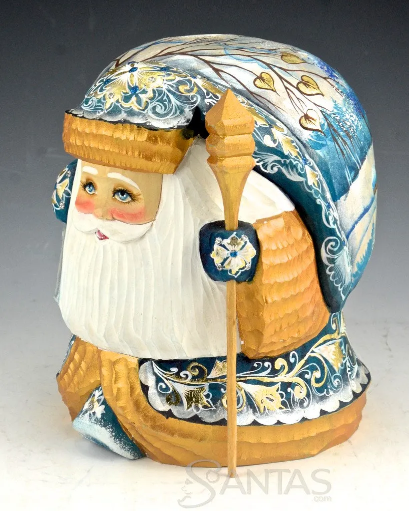 Blue and Gold Stout Scenic Santa with Staff and Toy Bag