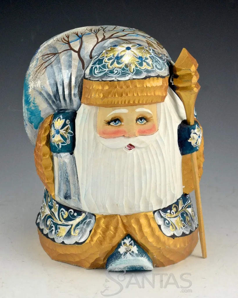 Blue and Gold Stout Scenic Santa with Staff and Toy Bag