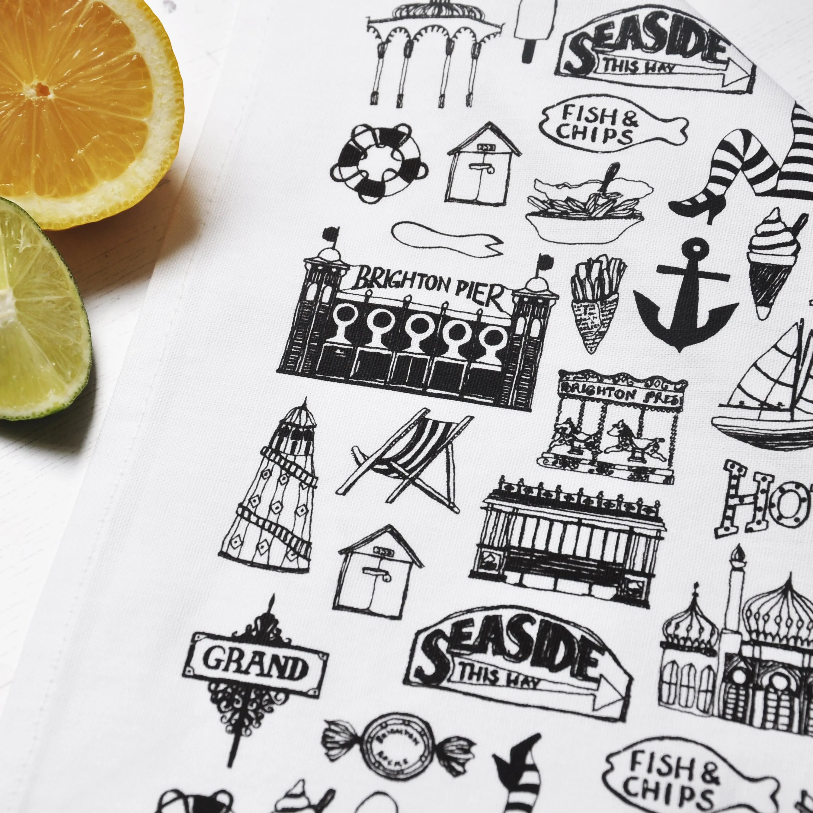 Brighton Illustrated Black And White Tea Towel