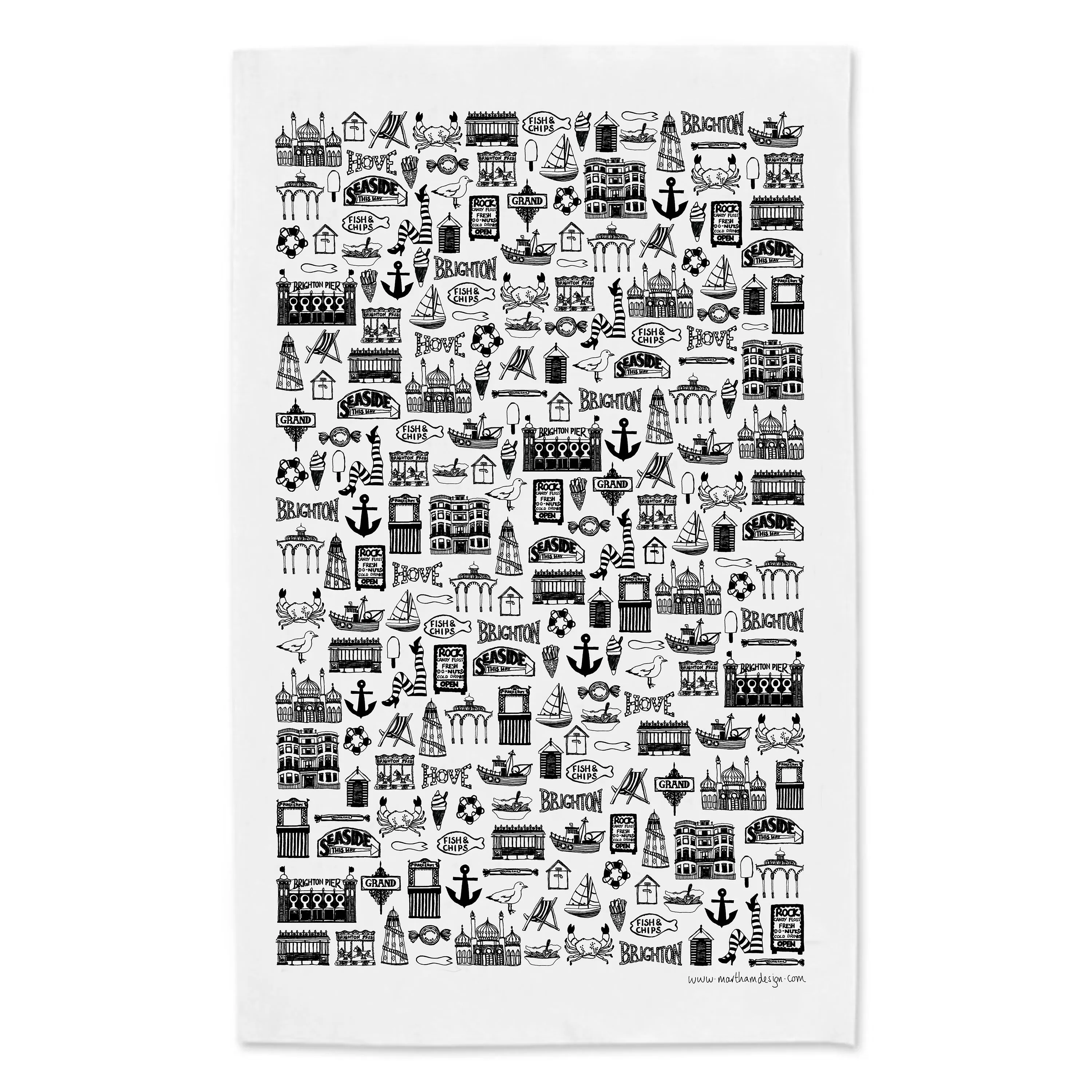 Brighton Illustrated Black And White Tea Towel