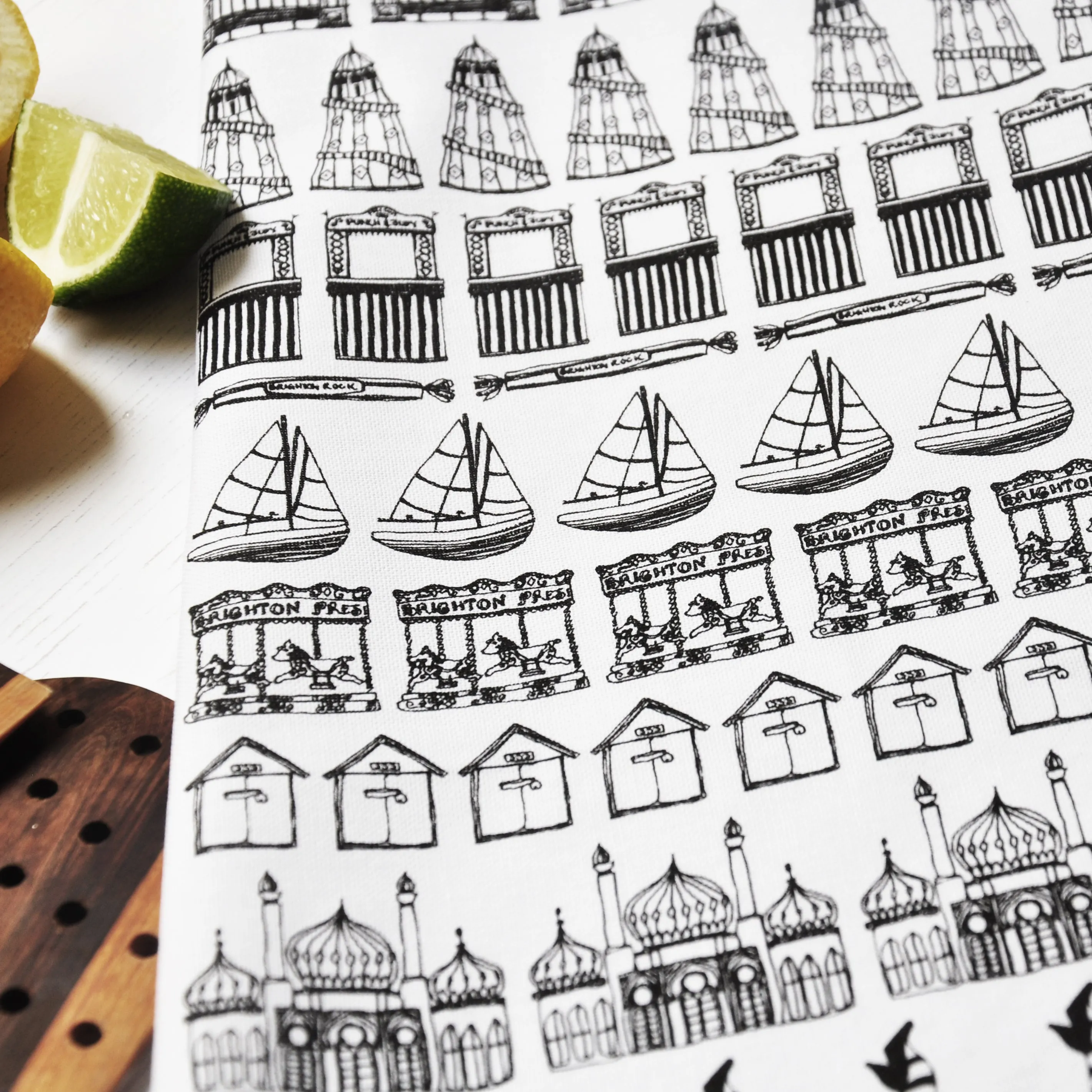 Brighton Row Illustrated Black And White Tea Towel