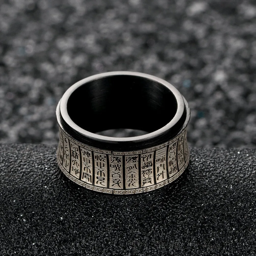 Buddhist Rotating Carved Stainless Steel UNISEX Ring Black Gold