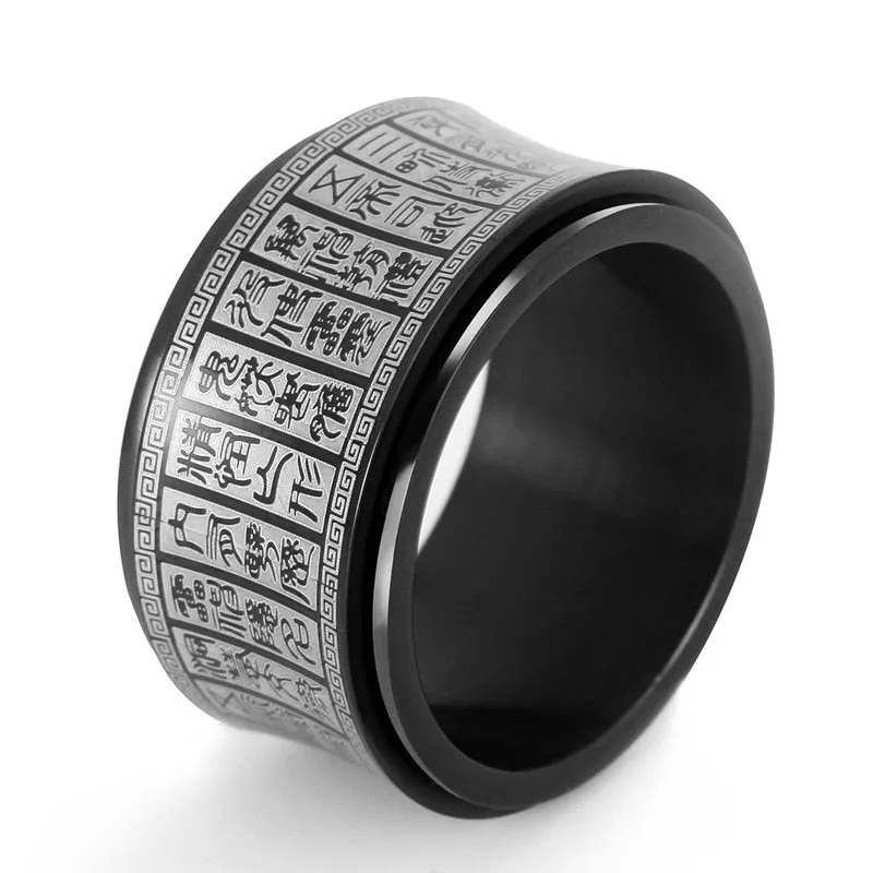 Buddhist Rotating Carved Stainless Steel UNISEX Ring Black Gold