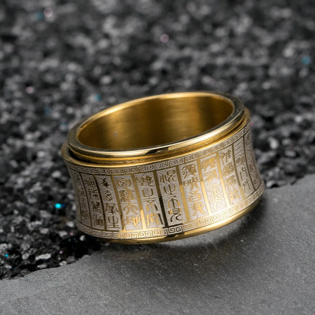 Buddhist Rotating Carved Stainless Steel UNISEX Ring Black Gold