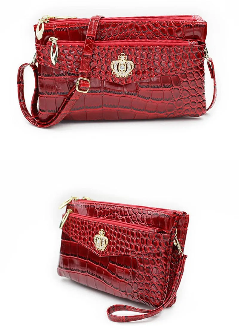 Chic Plaid PU Simulated Diamond Crown Pattern Zipper Handbag With 3 Layers