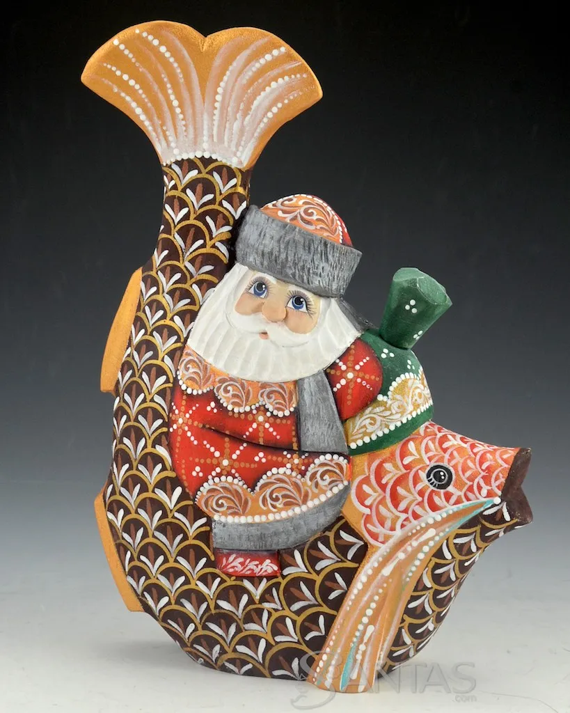 Christmas Fish Russian Santa carving with Toy Bag 8 inch