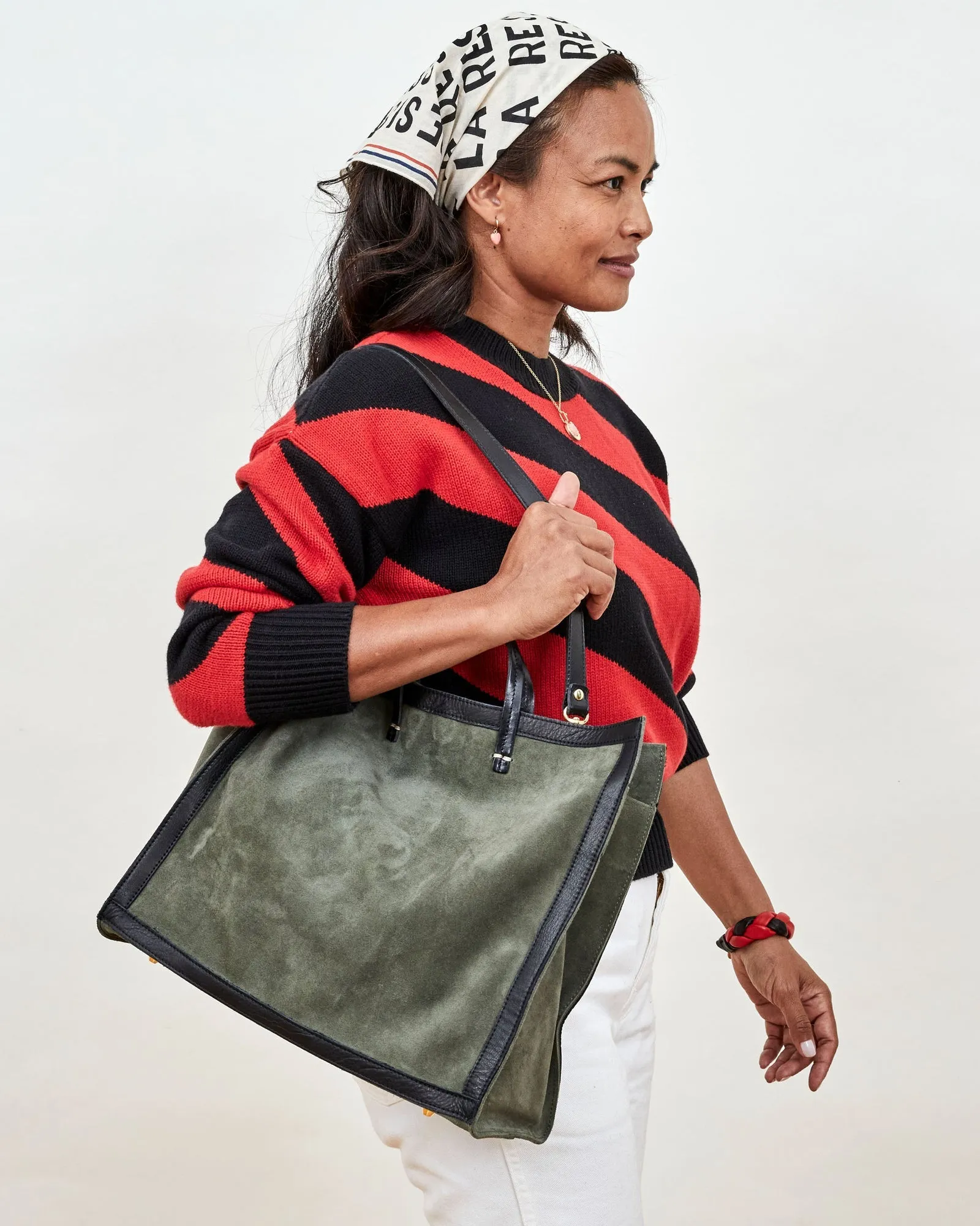 Clare V. - Simple Tote in Army Suede w/ Black Neptune Border