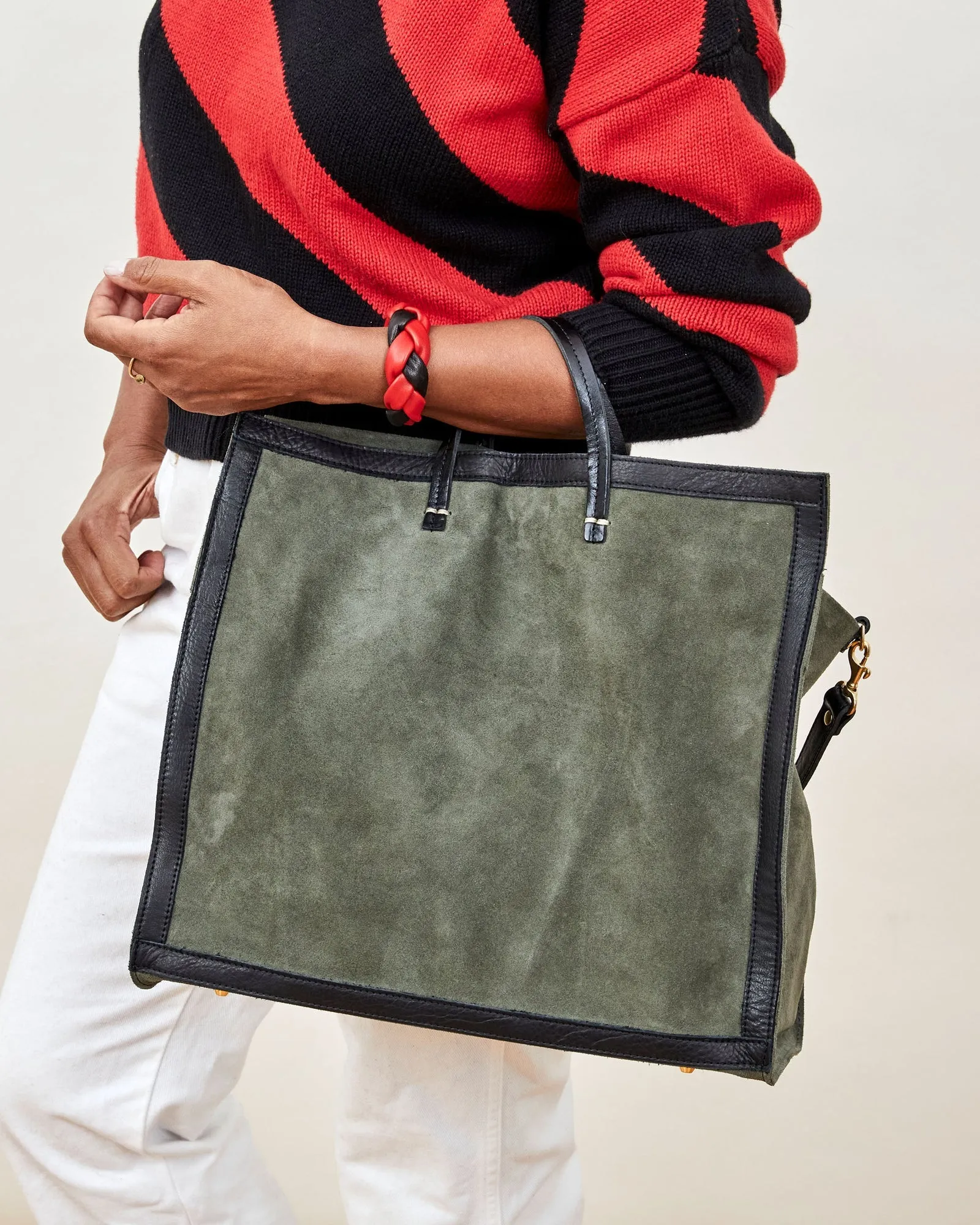 Clare V. - Simple Tote in Army Suede w/ Black Neptune Border