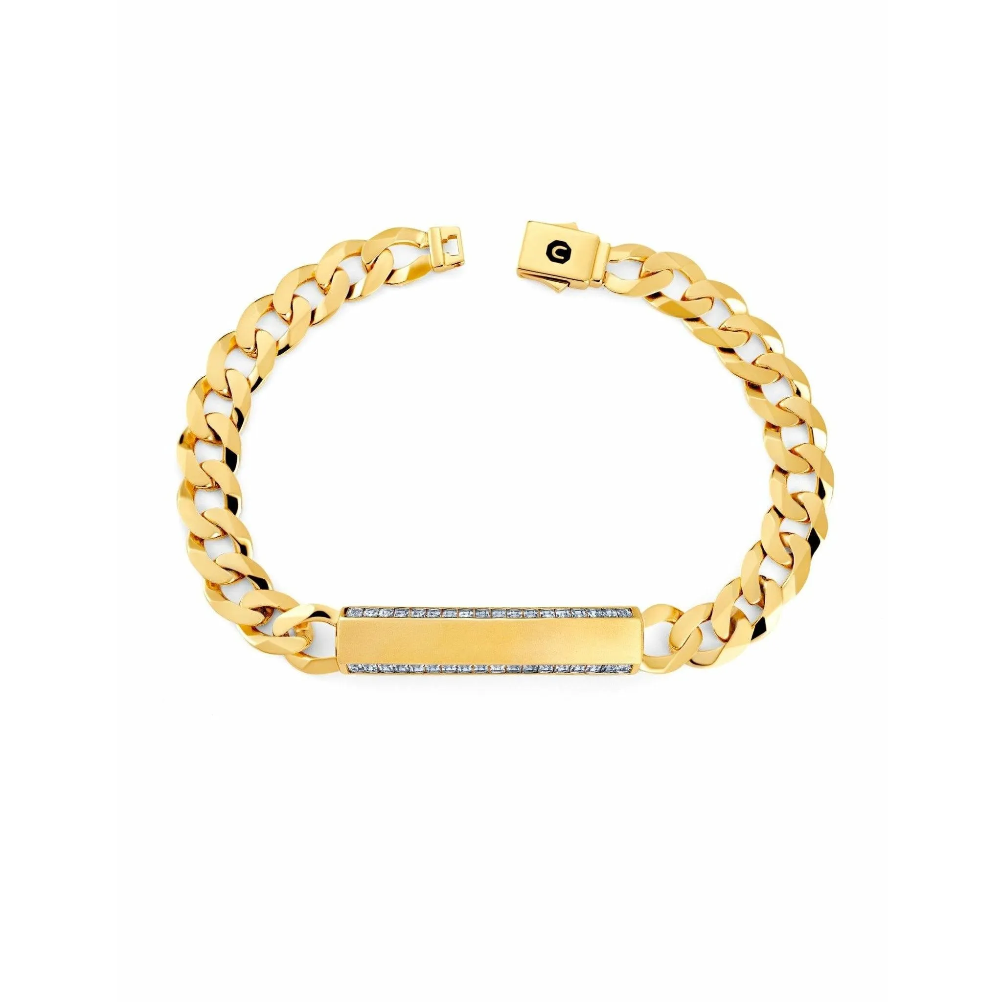 CRISLU Mens Matte Curb Chain ID Bracelet with Brilliant CZ Center In 18KT Yellow Gold