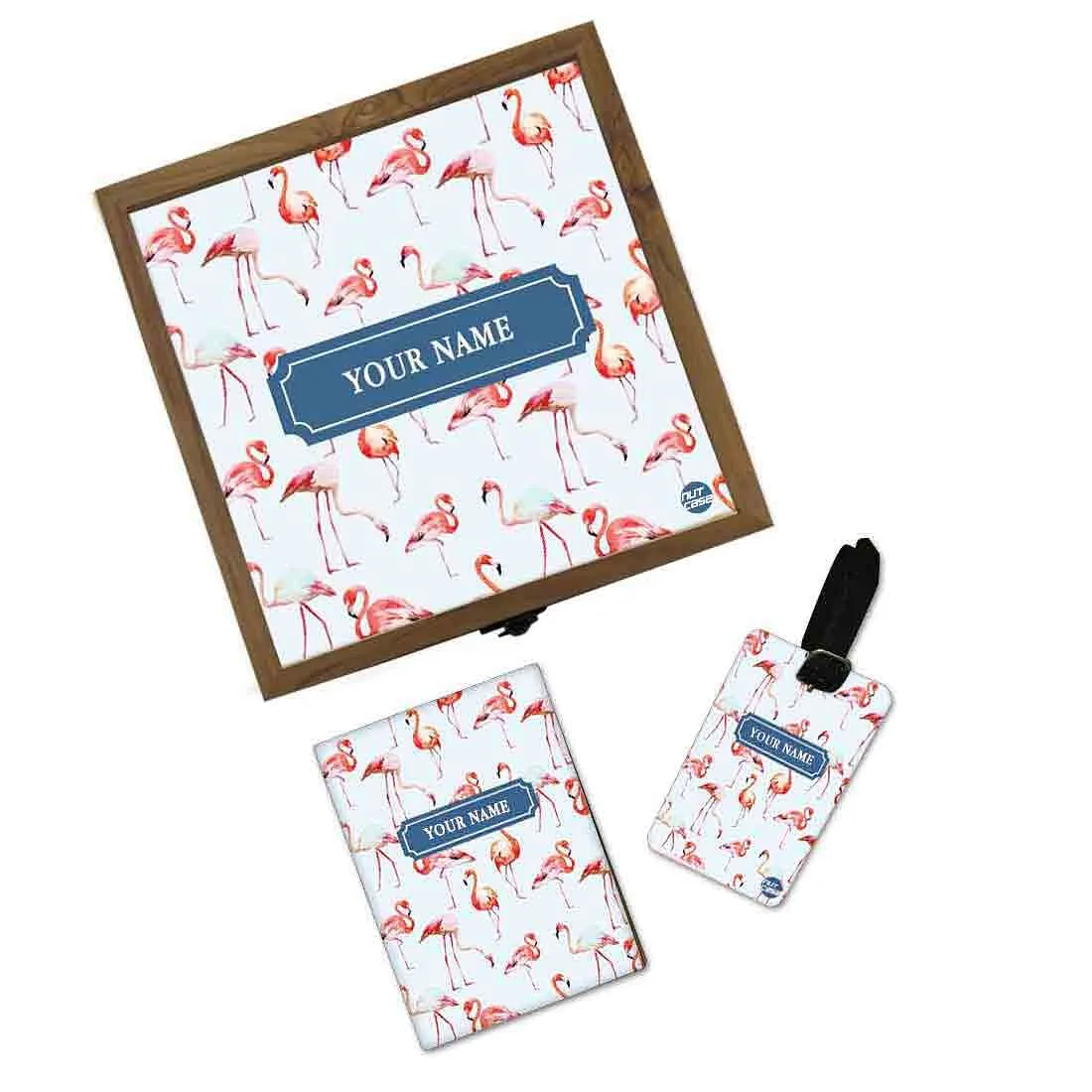 Customized Passport Cover With Name - Flamingos Blue