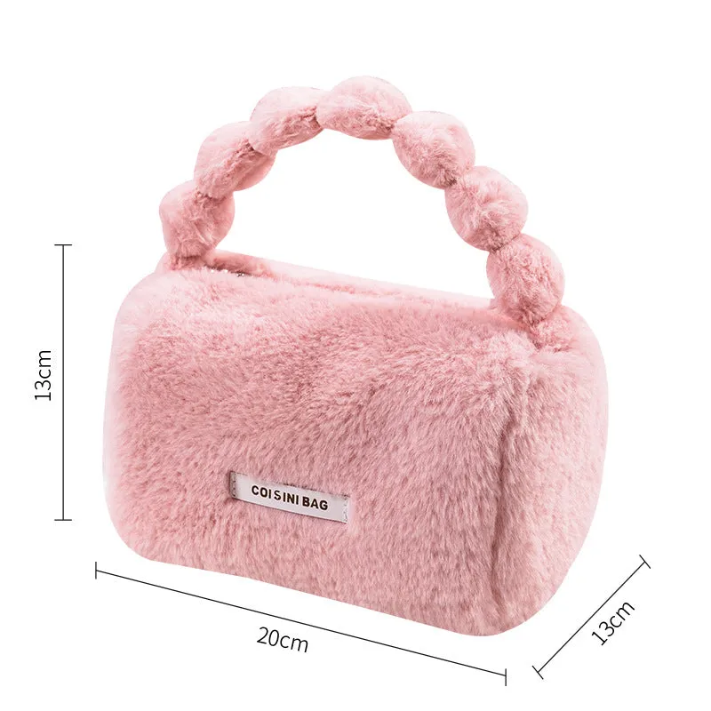 Cute Plush Cosmetic Bag Travel Skin Care Product Storage Trendy Plush Storage Bag with Durable Handles and Wide Opening for Easy Access