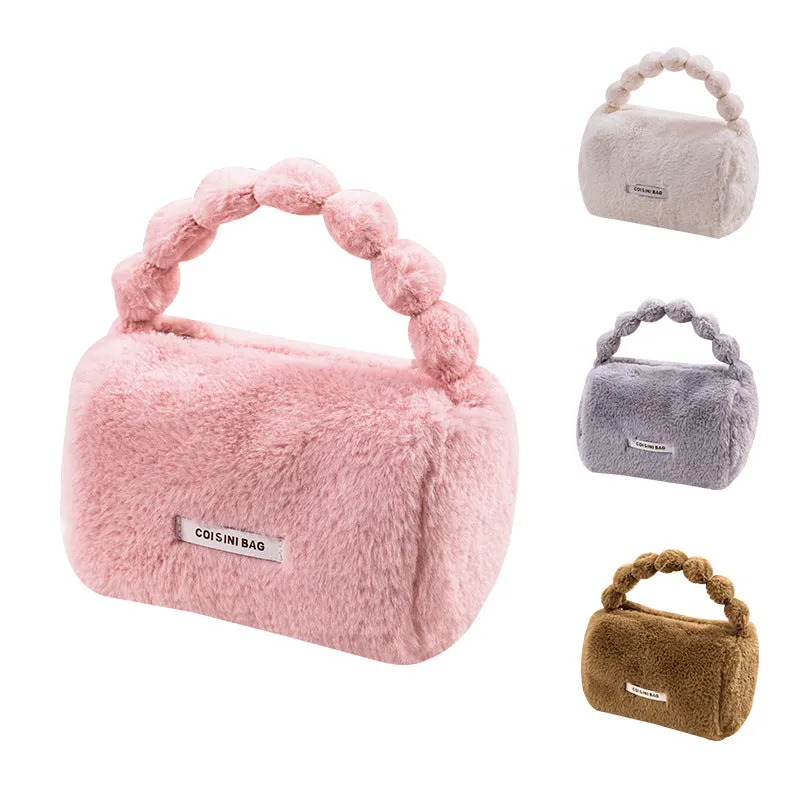 Cute Plush Cosmetic Bag Travel Skin Care Product Storage Trendy Plush Storage Bag with Durable Handles and Wide Opening for Easy Access