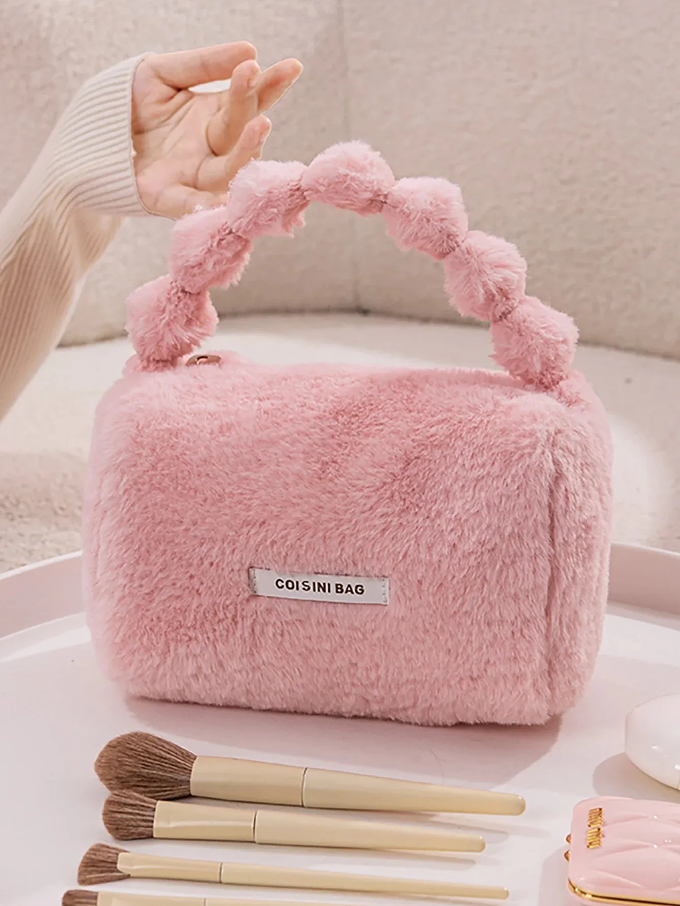 Cute Plush Cosmetic Bag Travel Skin Care Product Storage Trendy Plush Storage Bag with Durable Handles and Wide Opening for Easy Access