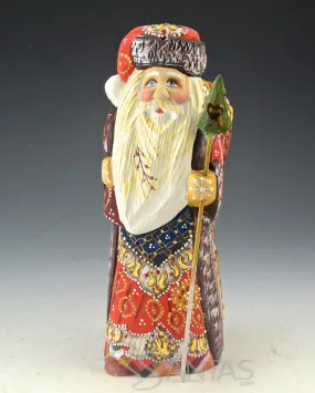 Decorative and Detailed Traveling Carved Santa with Staff and Toy Bag