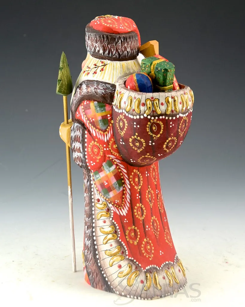 Decorative and Detailed Traveling Carved Santa with Staff and Toy Bag