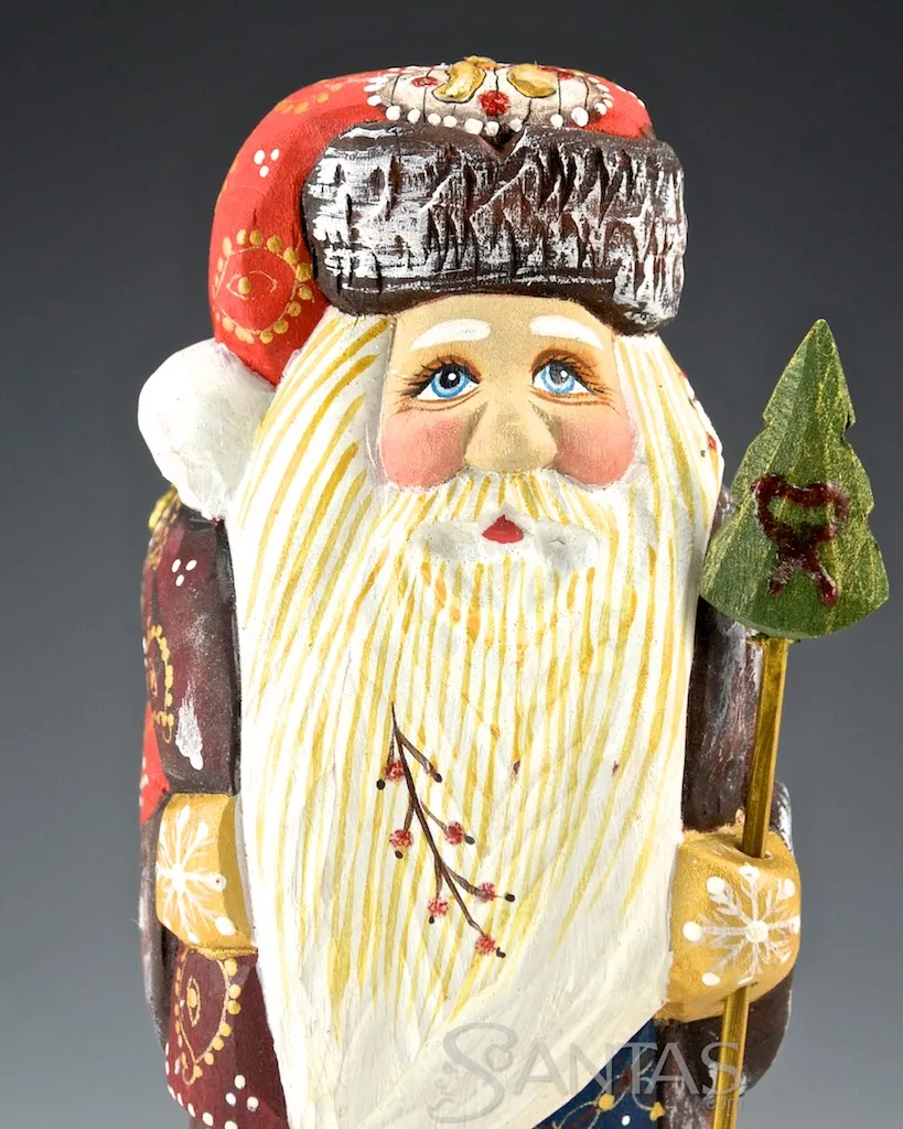 Decorative and Detailed Traveling Carved Santa with Staff and Toy Bag