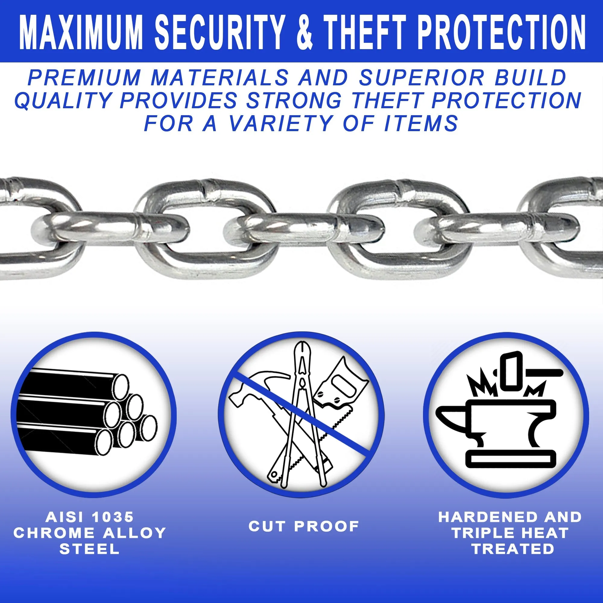 DocksLocks® Heavy Duty Cinch Style 8mm Security Chain - (3ft, 6ft or 10ft) - Weatherproof and Cut Proof with Short Shackle U-Lock