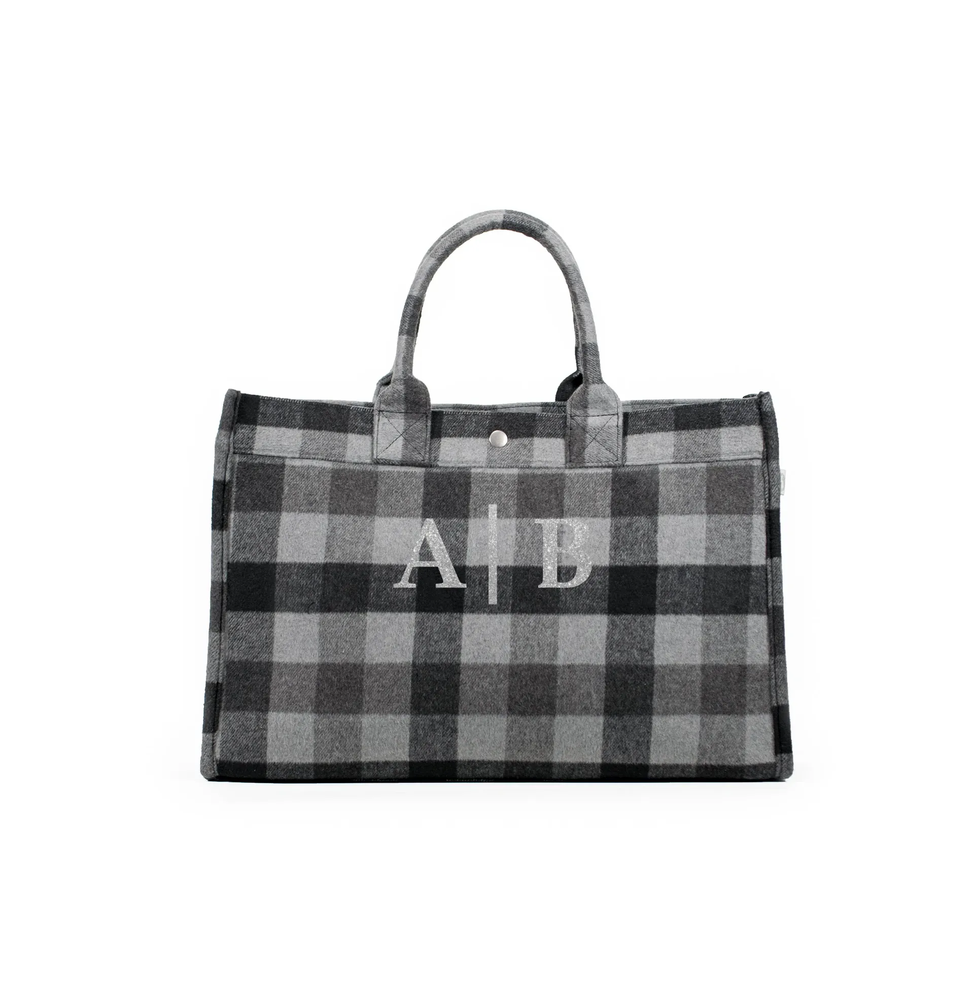 East West Bag: Grey Flannel Plaid Split Letter Monogram (silver letters)