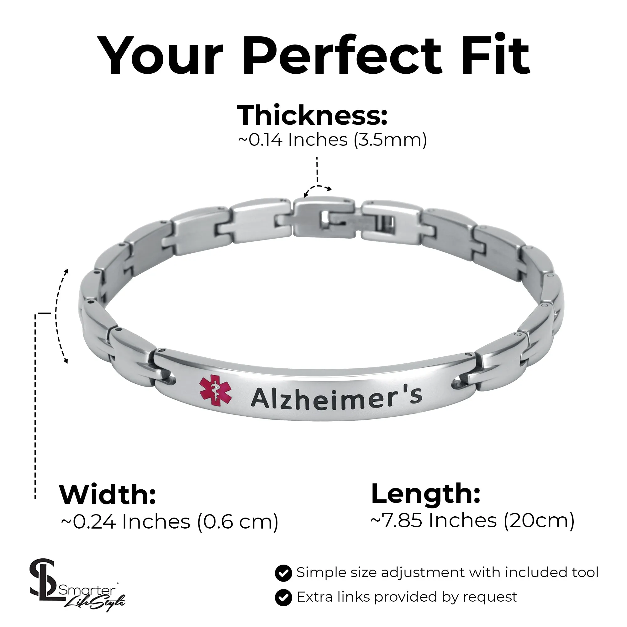 Elegant Surgical Grade Steel Medical Alert ID Bracelet - Women's / Alzheimer's