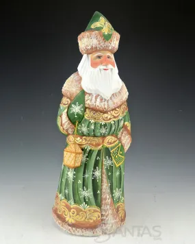 Emerald Green and Gold Carved Russian Santa Claus 11.5 inch