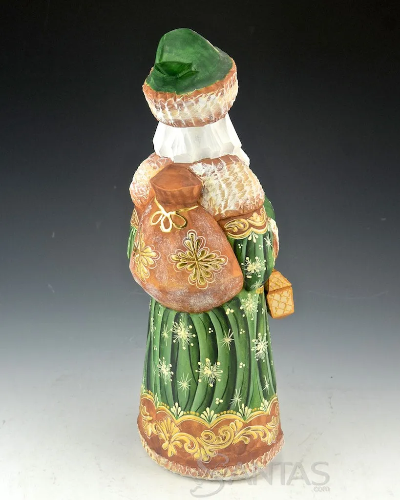 Emerald Green and Gold Carved Russian Santa Claus 11.5 inch