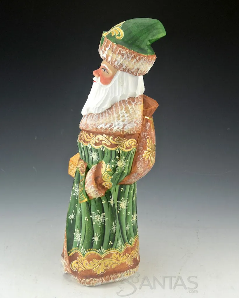 Emerald Green and Gold Carved Russian Santa Claus 11.5 inch