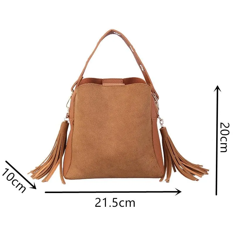 Fashionable Vintage Women's Scrubbable Leather Bucket Bag With Tassel