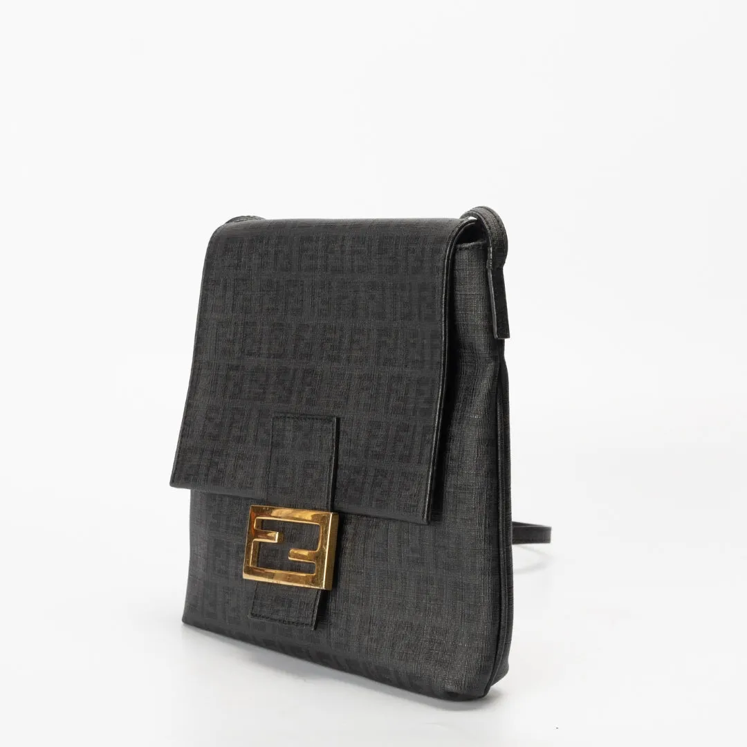 Fendi Black Zucchino Coated Canvas FF Flap Messenger Crossbody Bag