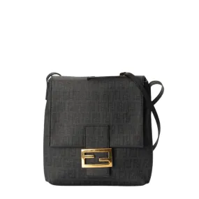 Fendi Black Zucchino Coated Canvas FF Flap Messenger Crossbody Bag