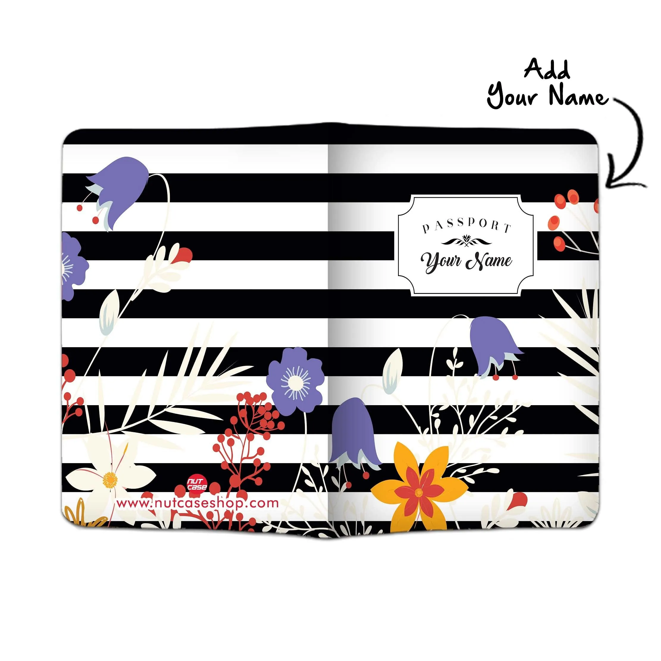 Floral Customized Passport Holder - Black Floral Strips