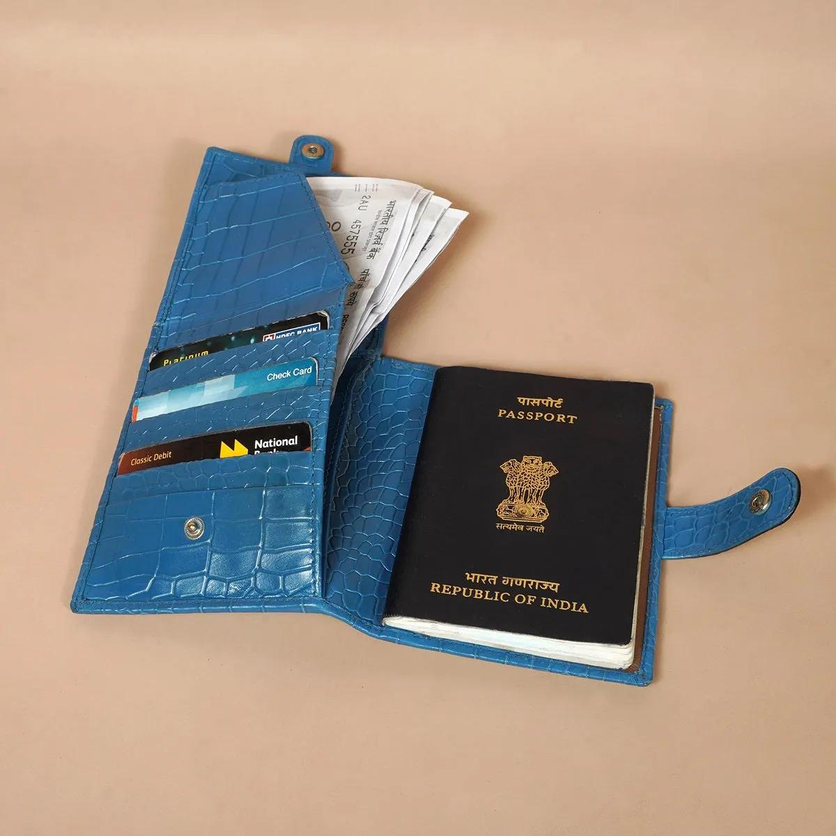 Foldable Passport Holder in Sky Blue Croco Textured Leather