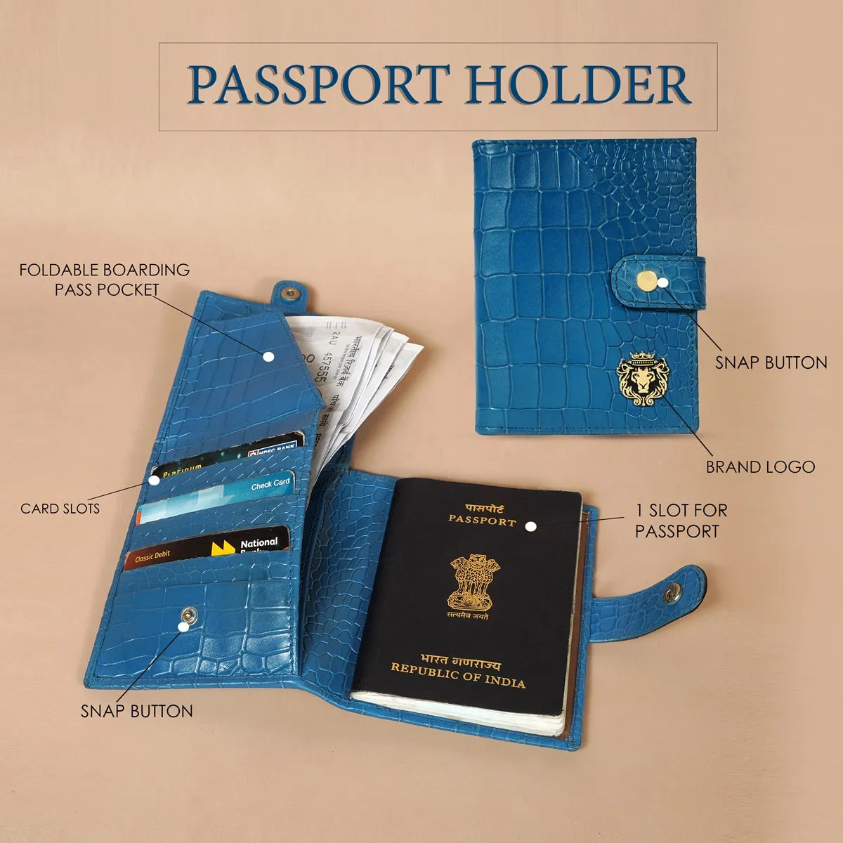 Foldable Passport Holder in Sky Blue Croco Textured Leather