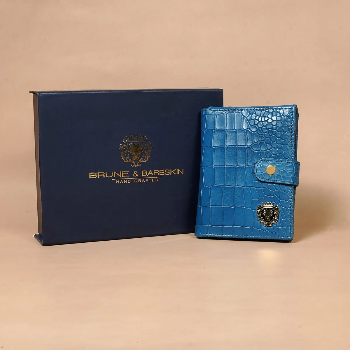 Foldable Passport Holder in Sky Blue Croco Textured Leather