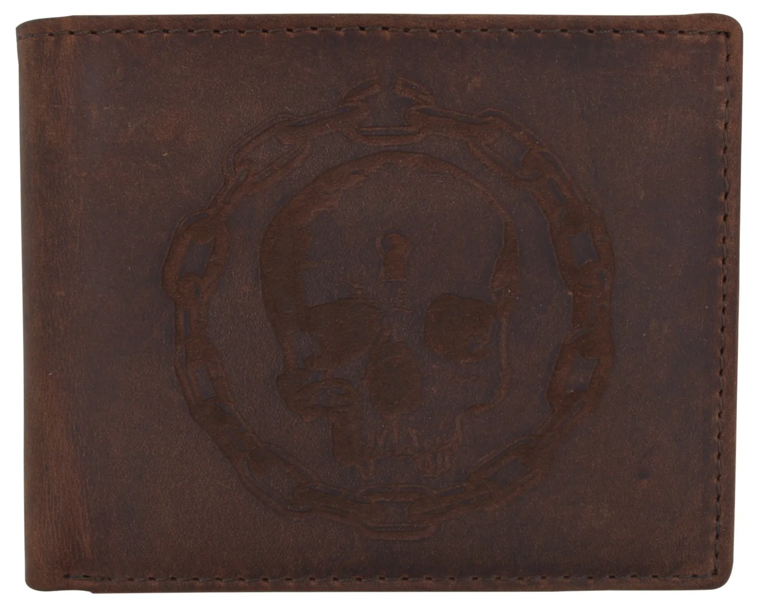 Genuine Leather RFID Chain Skull Printed Logo Credit Card ID Mens Bifold Wallet /53HTC Chain Skull