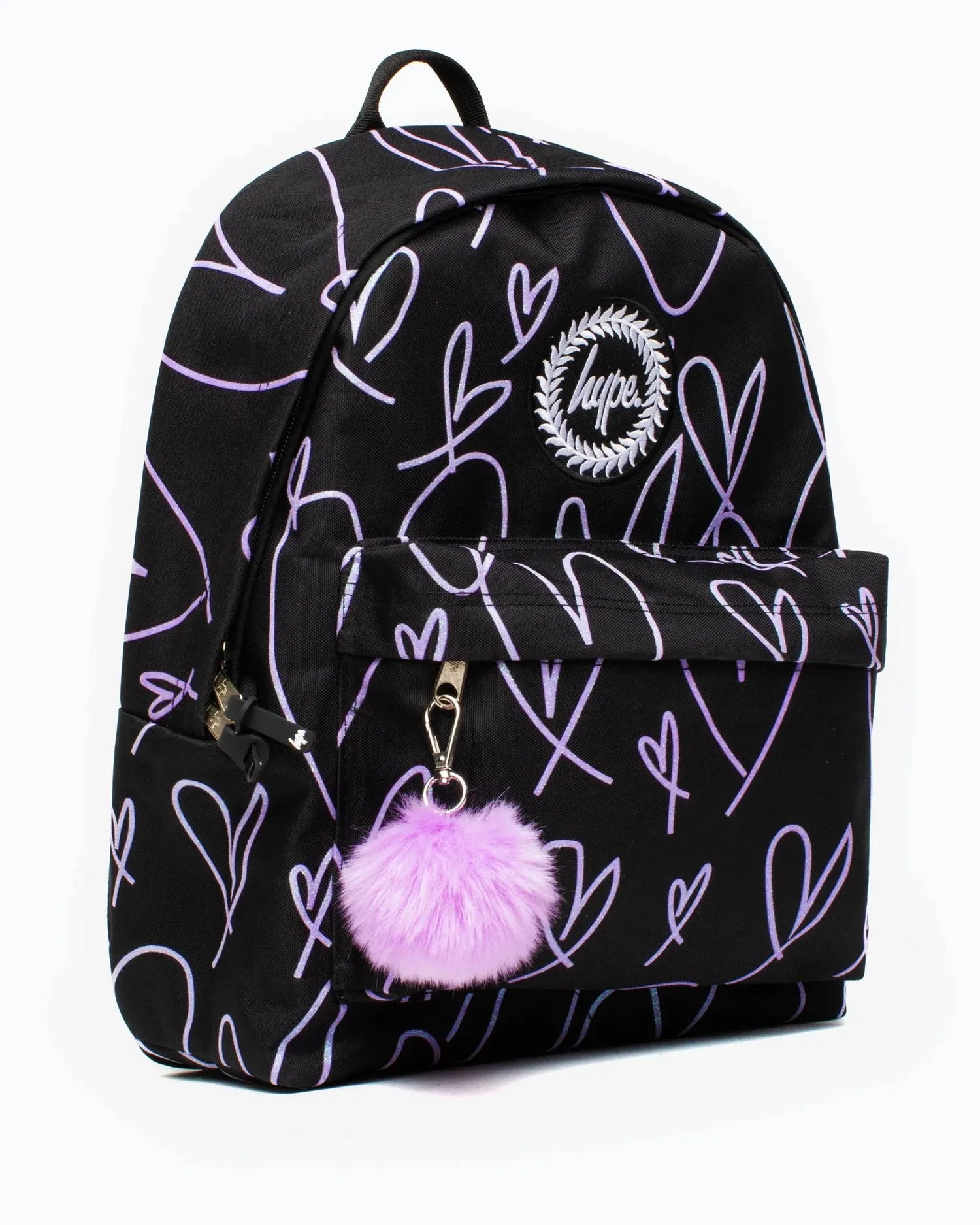 Glitter Scribble Heart Backpack in Black & Purple