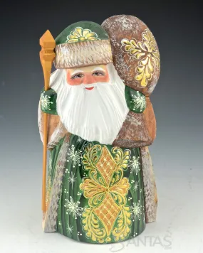 Green and Gold Carved Russian Santa With Toy Bag Over Shoulder