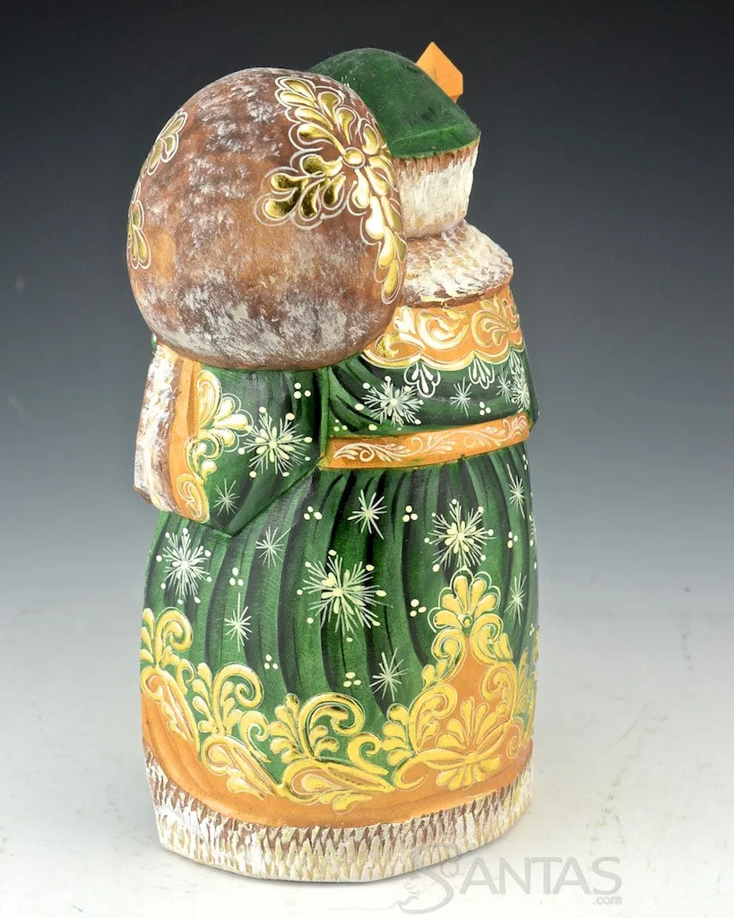 Green and Gold Carved Russian Santa With Toy Bag Over Shoulder