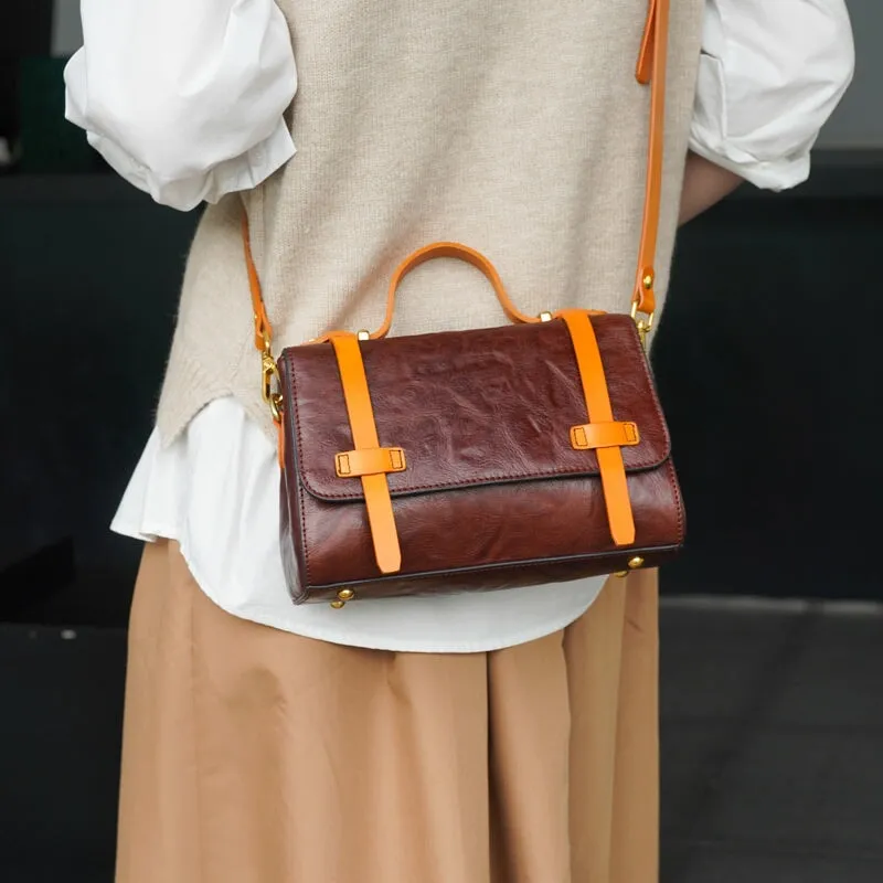 Handmade Vintage Vegetable Tanned Leather Ladies Literary Messenger Bag