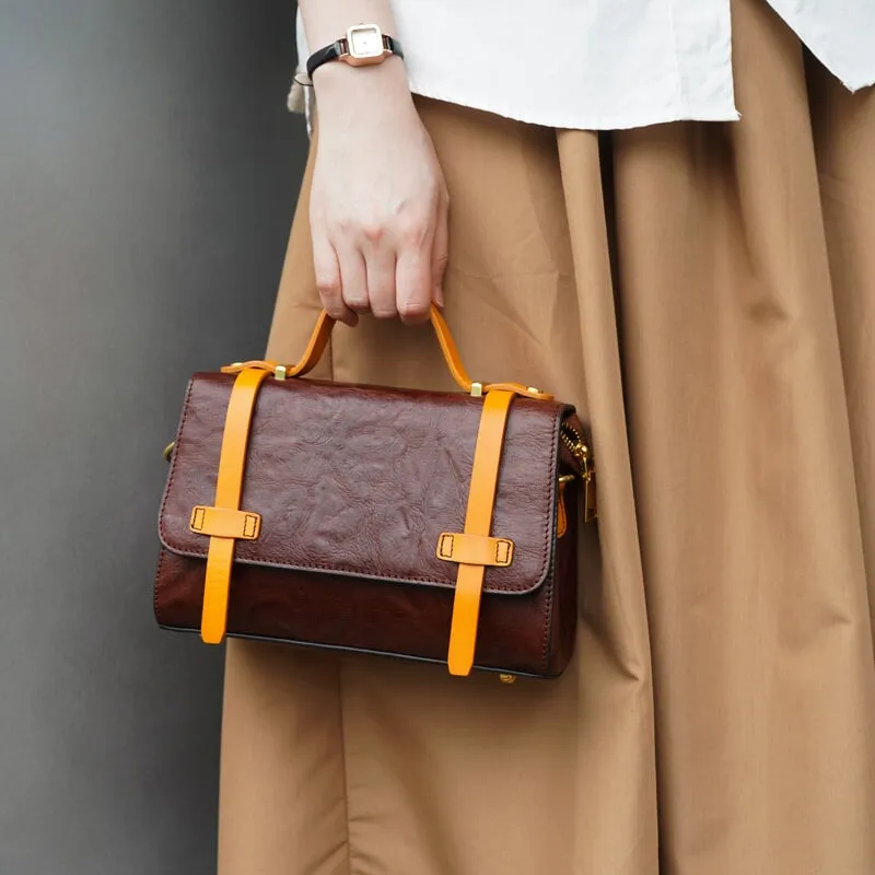 Handmade Vintage Vegetable Tanned Leather Ladies Literary Messenger Bag