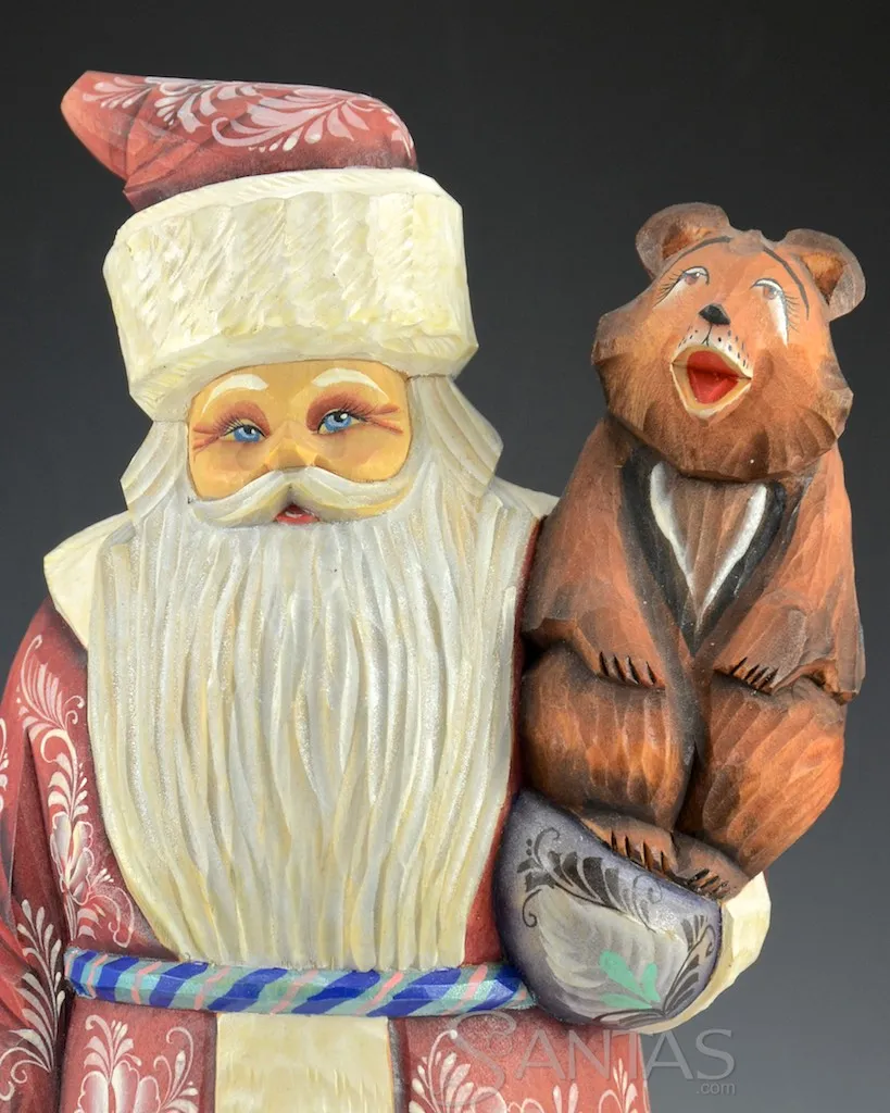 Happy Bear Russian Santa Carving with Toy Bag and Whimsical Scene