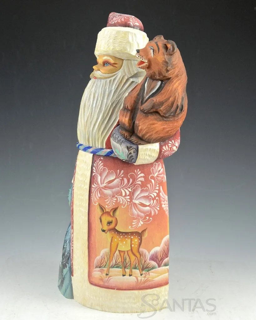 Happy Bear Russian Santa Carving with Toy Bag and Whimsical Scene