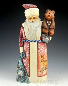 Happy Bear Russian Santa Carving with Toy Bag and Whimsical Scene