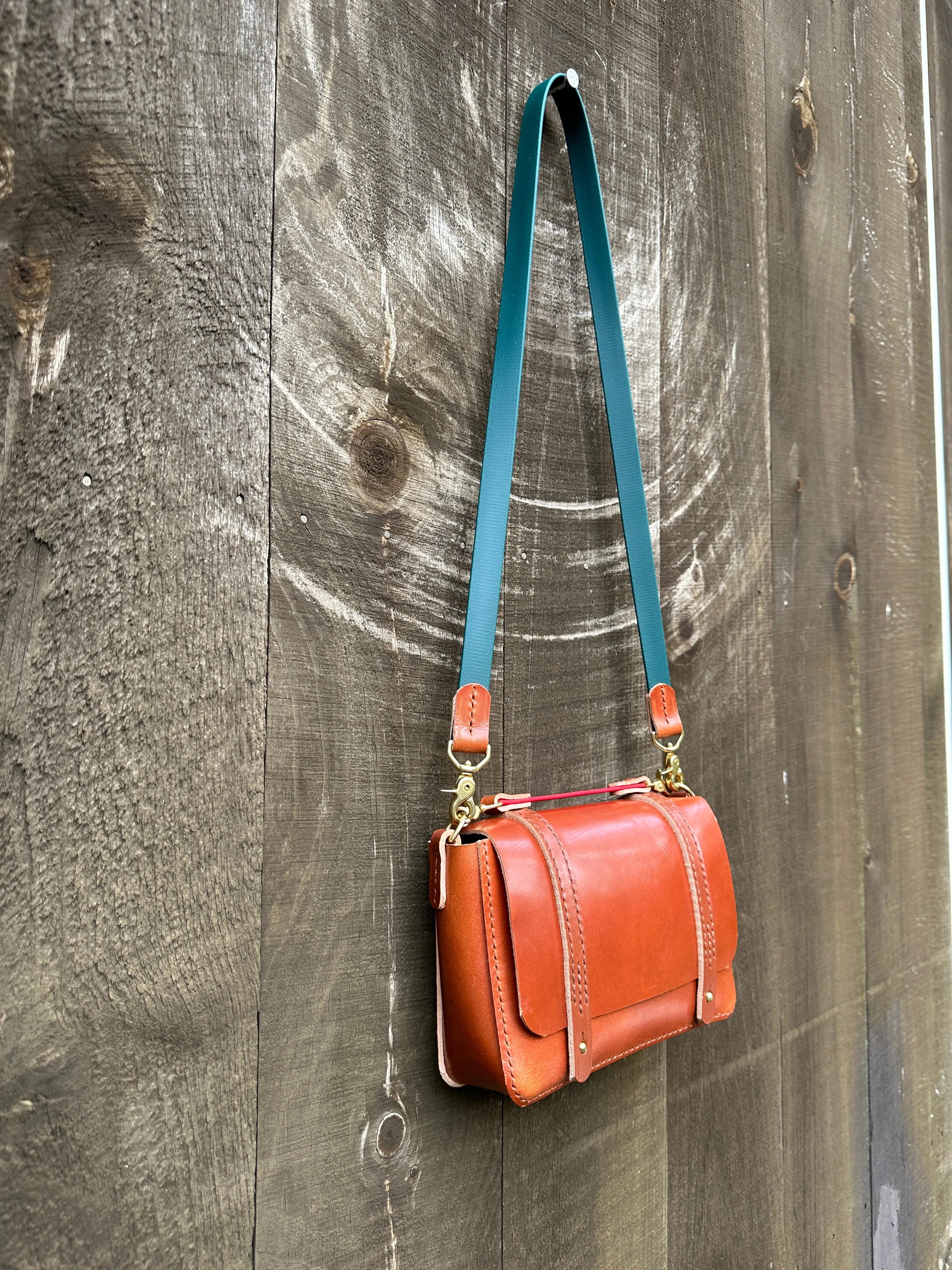 Heavy Imported English Bridle Messenger Bag w/Leather and Red Biothane Saddle and OTS Straps, Sedgwick Hazel