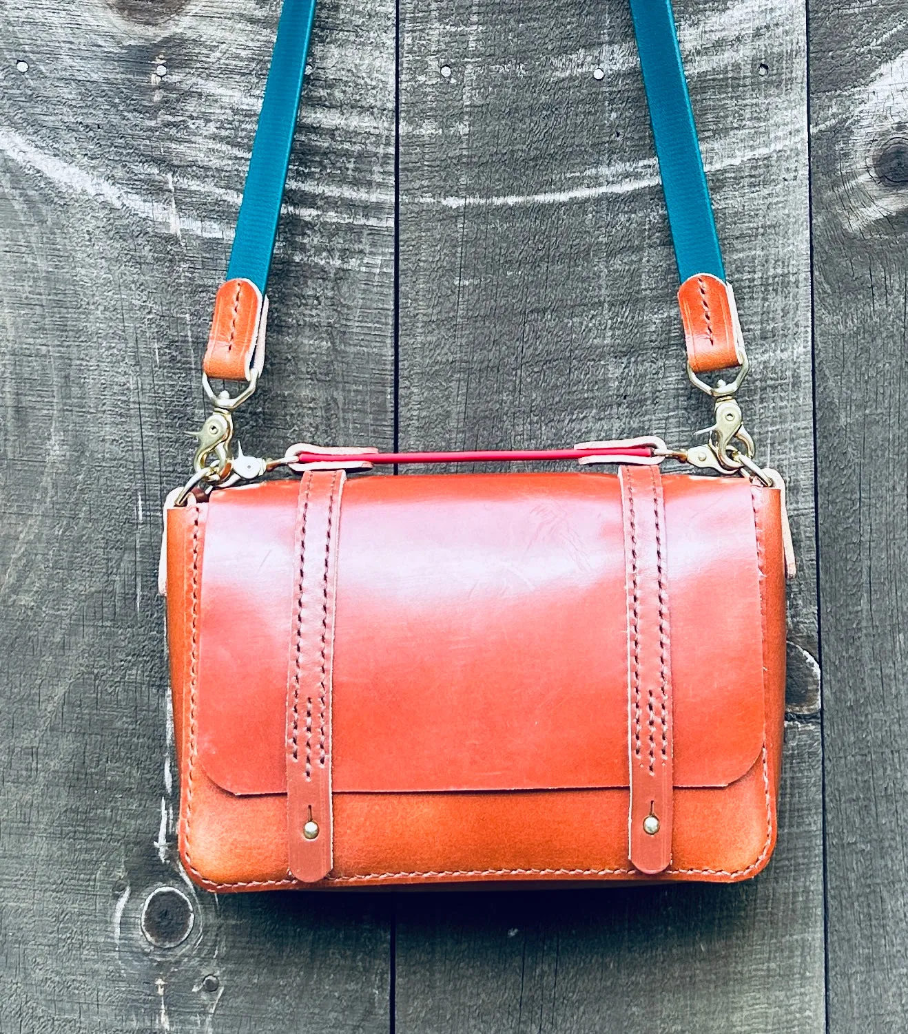 Heavy Imported English Bridle Messenger Bag w/Leather and Red Biothane Saddle and OTS Straps, Sedgwick Hazel